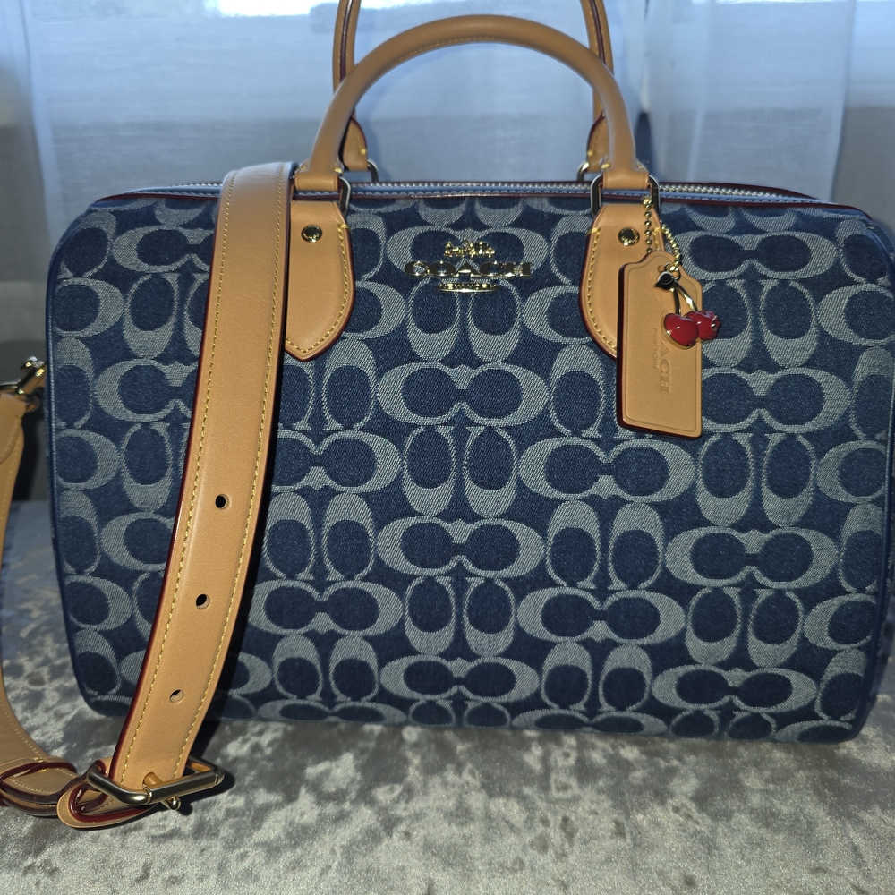 Coach Blue Signature LARGE Denim Satchel with Tan Leather Trim